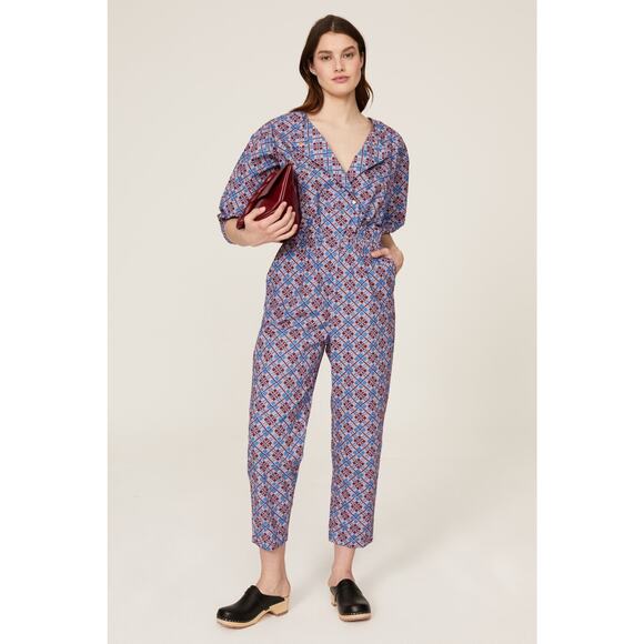 Rachel Comey Holt Geometric Print Purple Blue Puff Sleeve Ankle Jumpsuit Size 6